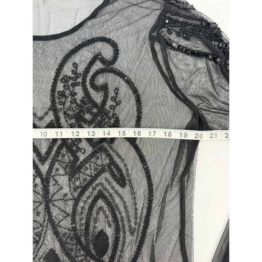 Venus Black Sheer Mesh Beaded Sequin Top Womens 2X Y2K Art Deco Goth Blouse - Picture 5 of 6